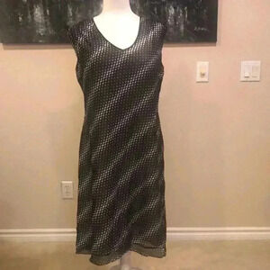 Kay Unger Black and White Silk Midi Dress with Double Lined Slip -Size 12